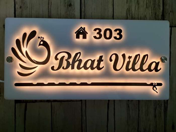 Krishna Flute Peacock LED Light Glow Name Plate for Home Entrance | Black & White Acrylic Board
