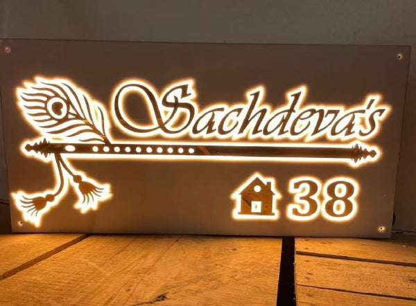 Krishna Flute LED Light Glow Name Plate for Home Entrance | Golden & White Acrylic Board