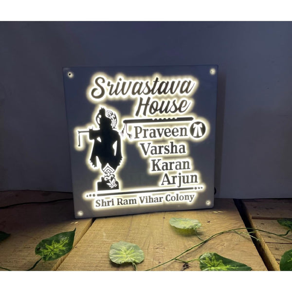 Personalized Krishna LED Light Glow Name Plate for Home Entrance | Black & White Acrylic Board