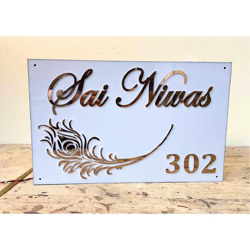 Peacock Morpankh LED Light Glow Name Plate for Home Entrance | Golden & White Acrylic Board