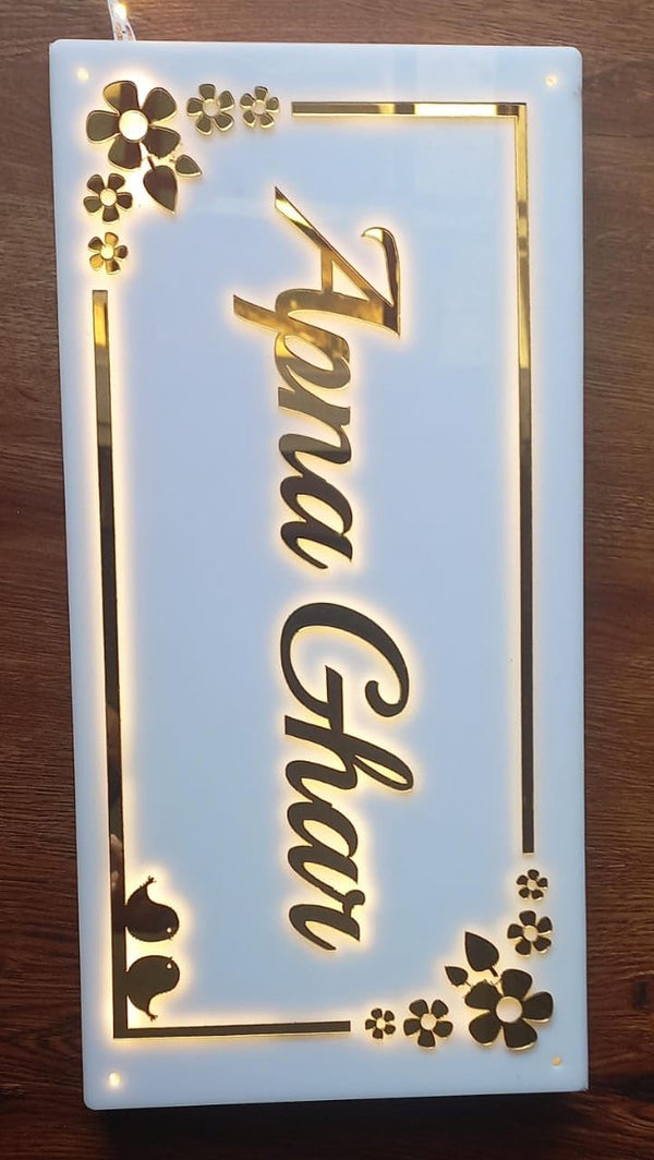Personalized LED Light Glow Name Plate for Home Entrance | Golden & White Acrylic Board