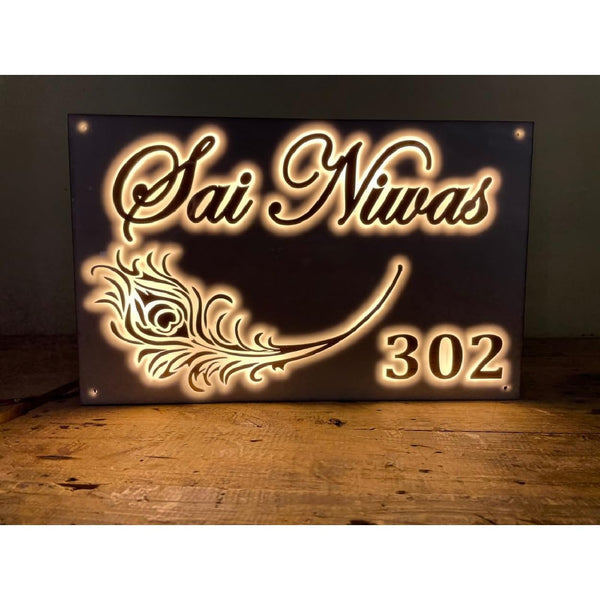 Peacock Morpankh LED Light Glow Name Plate for Home Entrance | Golden & White Acrylic Board