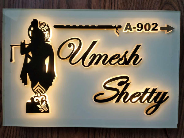 Personalized Krishna LED Light Glow Name Plate for Home Entrance | Golden & White Acrylic Board