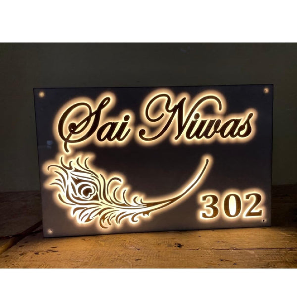 Krishna Peacock Feather Personalized LED Light Glow Name Plate for Home Entrance | Golden & White Acrylic Board