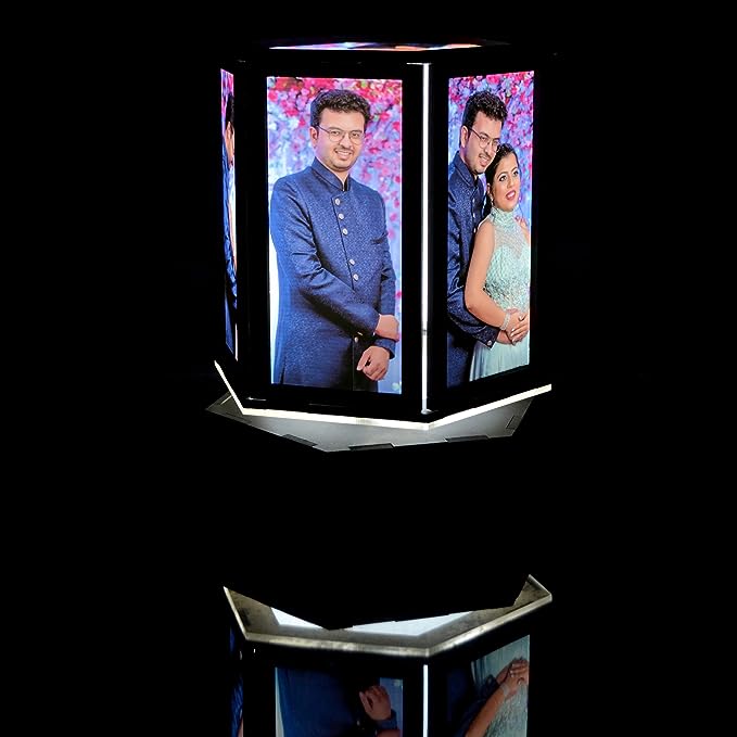 7 Photo Personalized Wooden Rotating LED Lamp for Gifts on Birthday, Anniversary, Wedding, Womens Day, Friendship Day (5 x 7 Inches) HEARTSLY