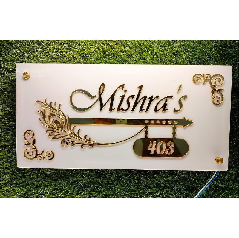 Krishna Flute Personalized LED Light Glow Name Plate for Home Entrance | Golden & White Acrylic Board