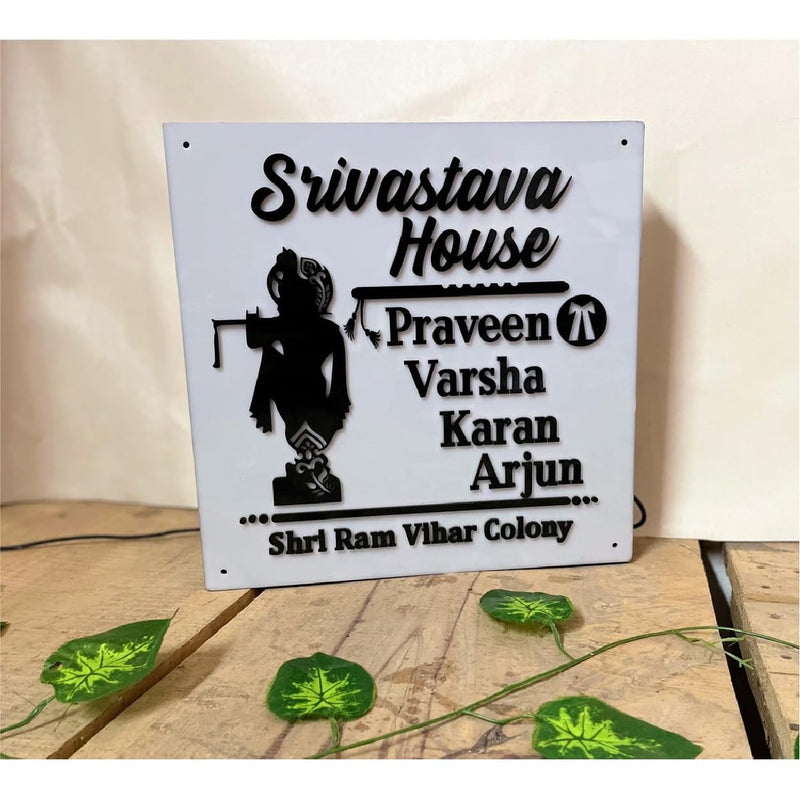 Personalized Krishna LED Light Glow Name Plate for Home Entrance | Black & White Acrylic Board