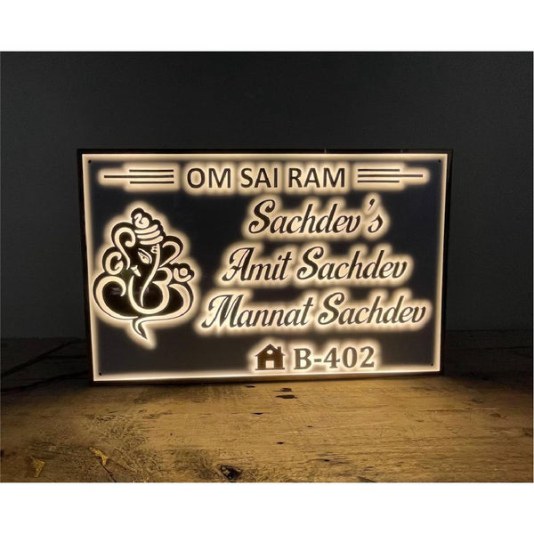 Personalized Ganesha LED Light Glow Name Plate for Home Entrance | Golden & White Acrylic Board