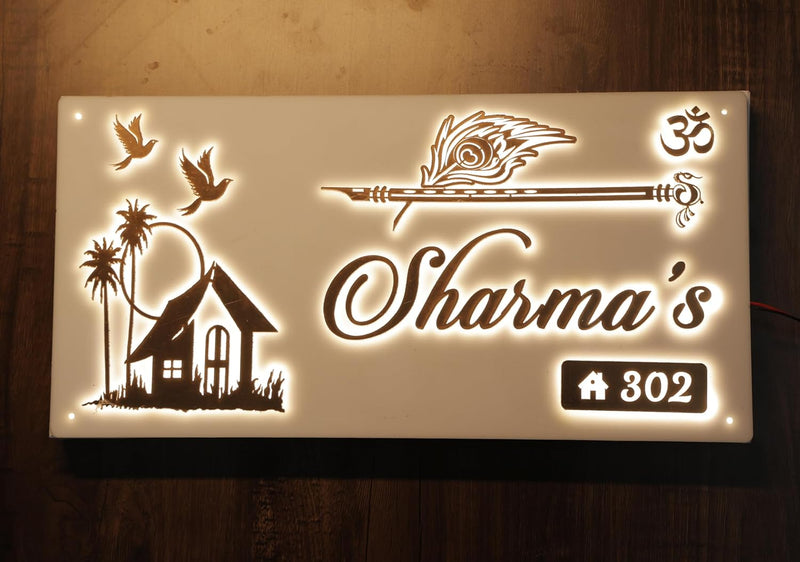 Personalized LED Light Glow Name Plate for Home Entrance | Black & White Acrylic Board