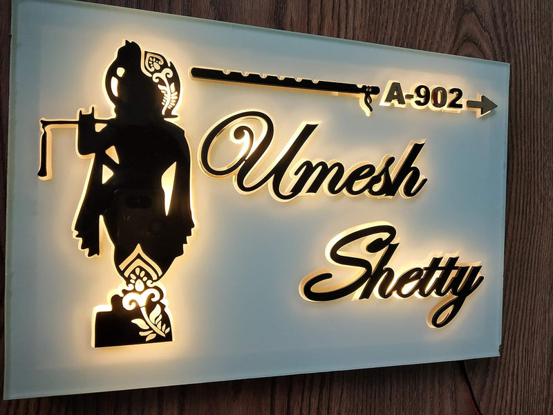 Personalized Krishna LED Light Glow Name Plate for Home Entrance | Golden & White Acrylic Board