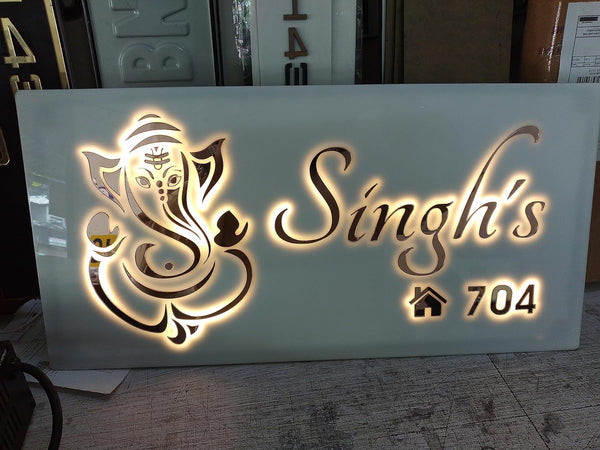 Ganesha Personalized LED Light Glow Name Plate for Home Entrance | Golden & White Acrylic Board