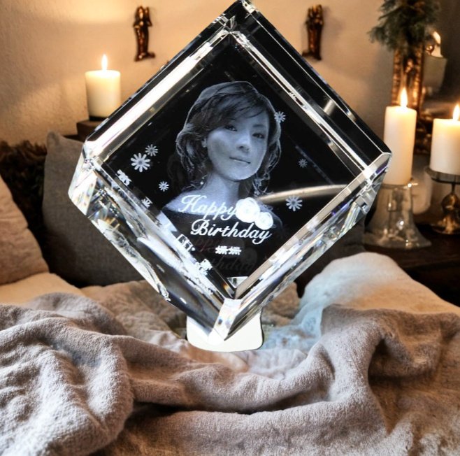 A Personalized 3D Crystal Photo Gift for Birthday Anniversary Couples 70*70*70mm With LED Base HEARTSLY