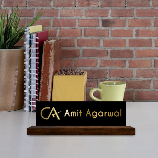 Acrylic Office Desk Name plate  With wooden stand for CA HEARTSLY