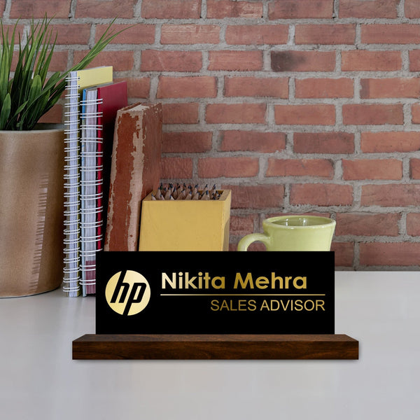 Acrylic Office Desk Name plate  With wooden stand for corporate HEARTSLY