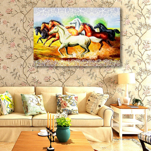 Beautiful Vastu Seven Running Horses Canvas Wall Painting HEARTSLY