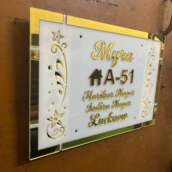 Customized Designer White Acrylic with Golden Acrylic Letters Name Plate for House Office Flat Door Decoration HEARTSLY