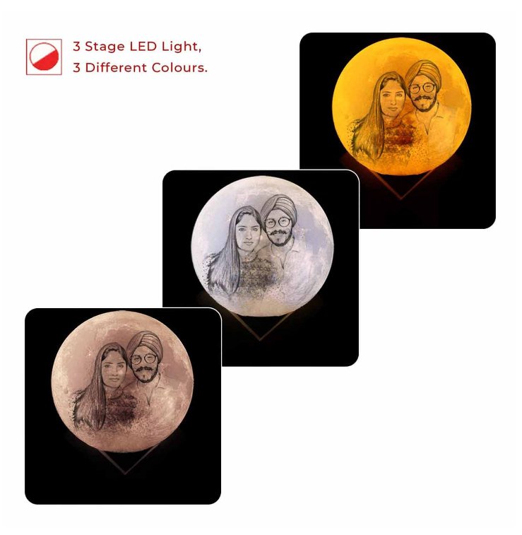 Personalized 3D Moon Lamp Comes with 3 color Touch LED & a premium quality Wooden Base || 14cm Dia HEARTSLY
