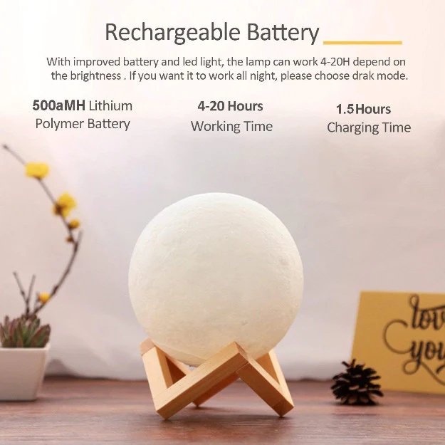 Personalized 3D Moon Lamp Comes with 3 color Touch LED & a premium quality Wooden Base || 17cm Dia HEARTSLY