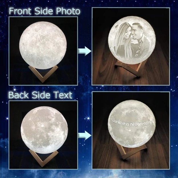 Personalized 3D Moon Lamp Comes with 3 color Touch LED & a premium quality Wooden Base || 17cm Dia HEARTSLY