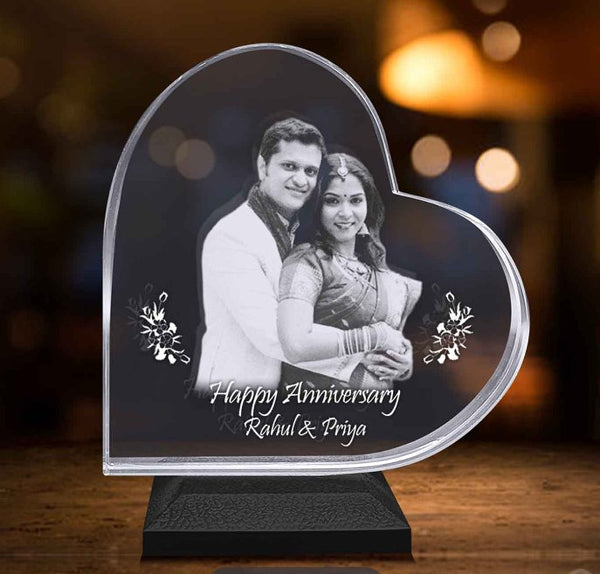 Personalized Heart Shape 3D Crystal Photo Gift for Birthday Anniversary Couples  140*140*20MM With LED Base HEARTSLY