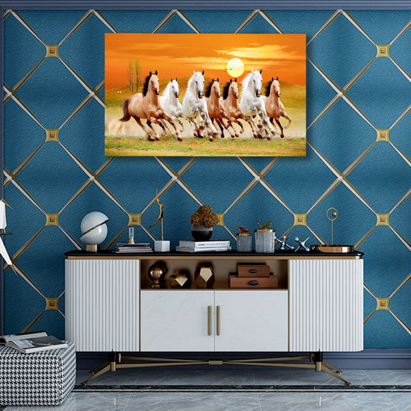 Seven Horse running in sun shine Premium Canvas Wall Painting HEARTSLY