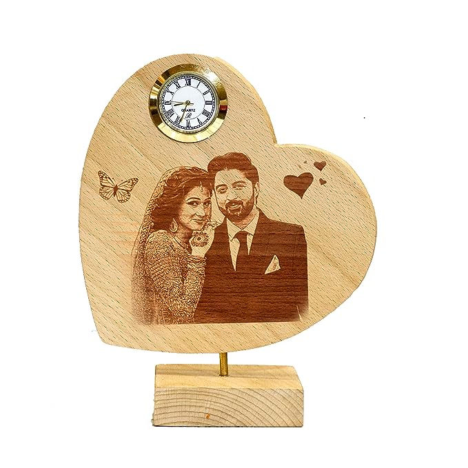 Wooden Engraved Heart Shaped Photo Rotating with Clock Size 6in X 6in , with Wooden Engraving 360 degree Rotation , Both side engraved HEARTSLY