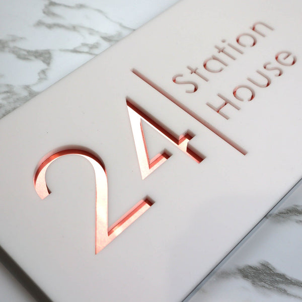 Personalized Modern Name Plates for Home Entrance | Customized White & Rose Gold Acrylic Board for House Office Flat Door Signage