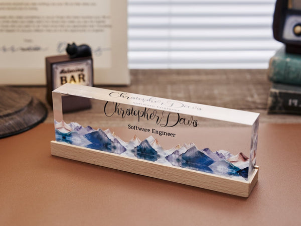 Acrylic Office Desk Name plate With wooden stand - stylish - HEARTSLY