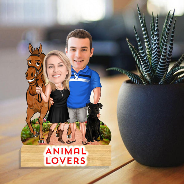 Customized "Animal Lover" Couple Caricature Cutout with Wooden Base - HEARTSLY