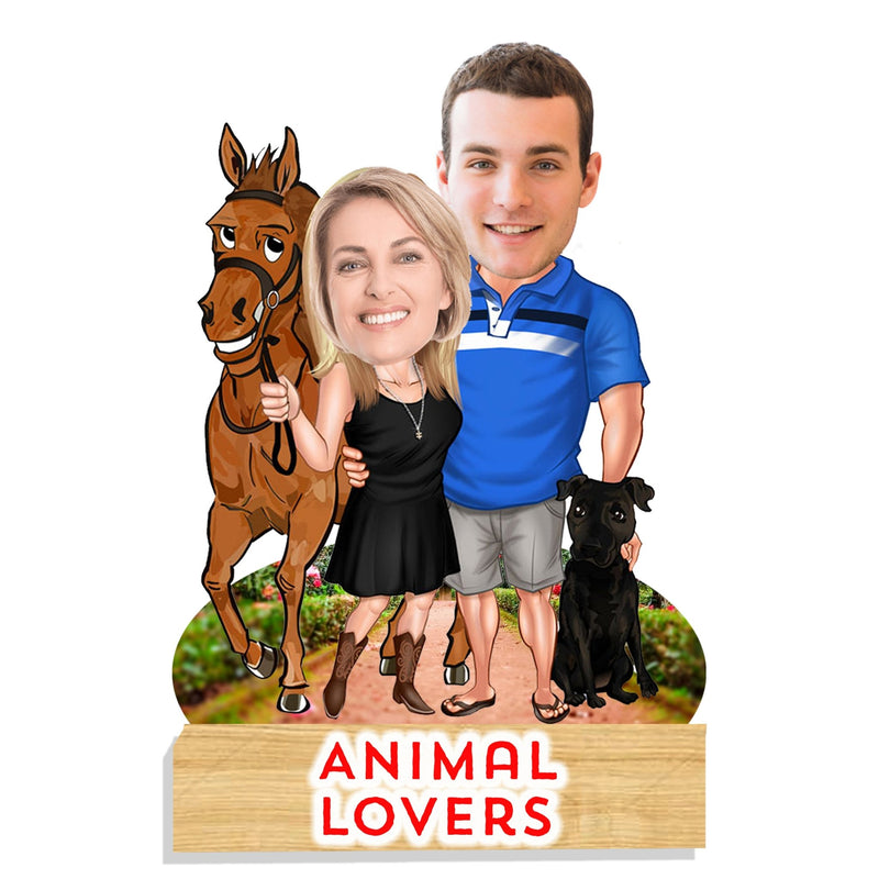 Customized "Animal Lover" Couple Caricature Cutout with Wooden Base - HEARTSLY