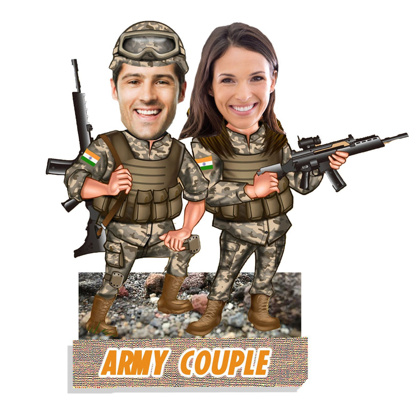 Customized "Army Couple" Caricature Cutout with Wooden Base - HEARTSLY