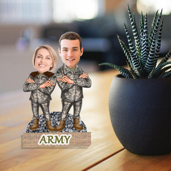 Customized "Army Couple Soldiers" Caricature Cutout with Wooden Base - HEARTSLY