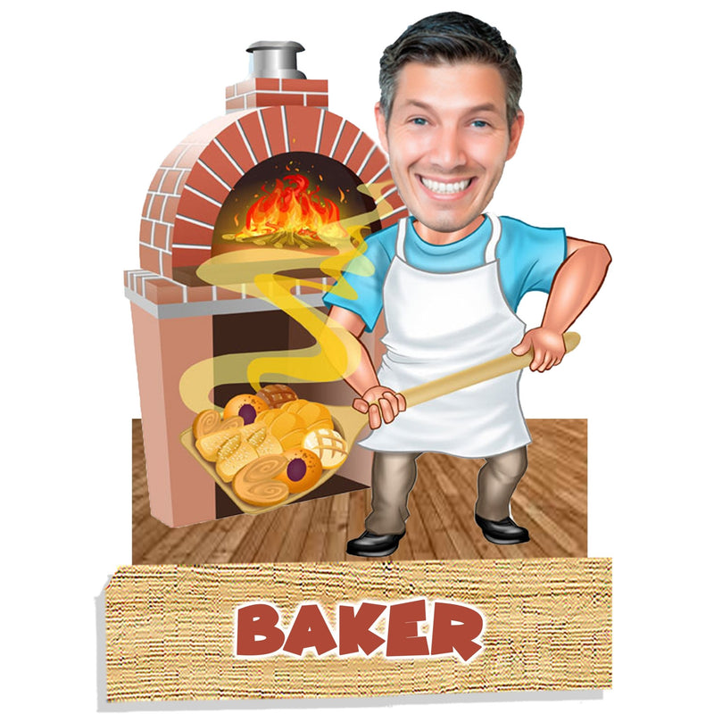 Customized "Baker " Gents Caricature Cutout with Wooden Base - HEARTSLY