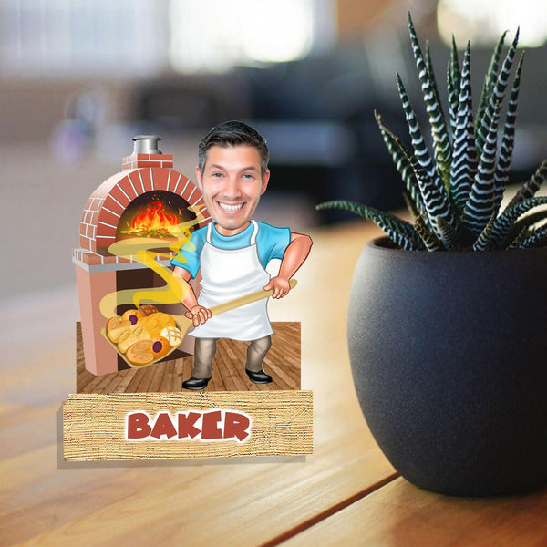 Customized "Baker " Gents Caricature Cutout with Wooden Base - HEARTSLY