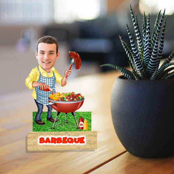 Customized "Barbeque" Caricature Cutout with Wooden Base - HEARTSLY