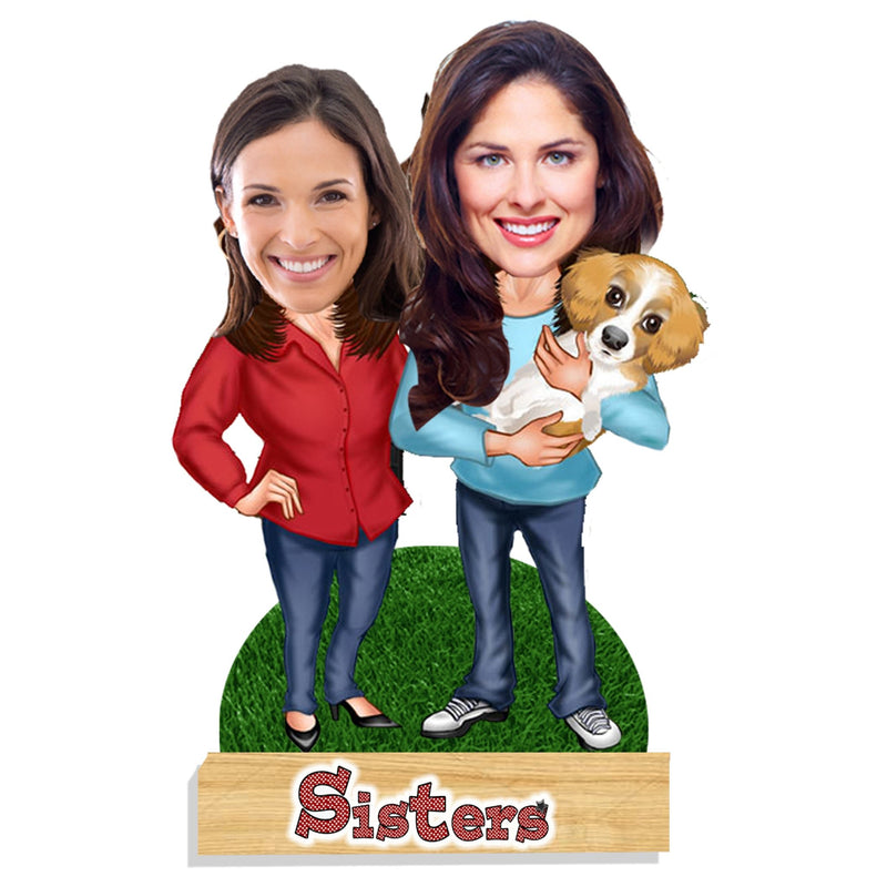 Customized "Best Sisters" Caricature Cutout with Wooden Base - HEARTSLY