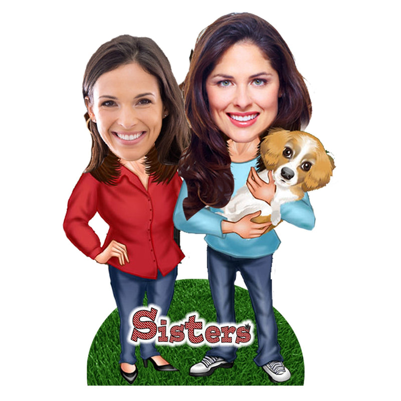 Customized "Best Sisters" Caricature Cutout with Wooden Base - HEARTSLY