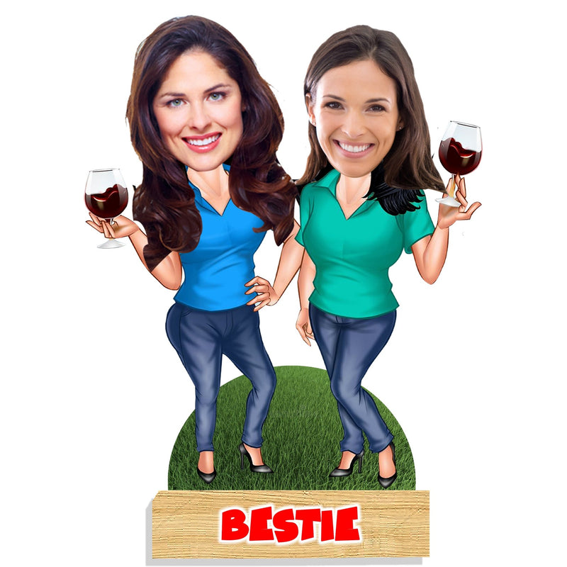 Customized "BESTIES" Caricature Cutout with Wooden Base - HEARTSLY