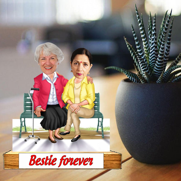 Customized "BESTIES FOREVER" Caricature Cutout with Wooden Base - HEARTSLY