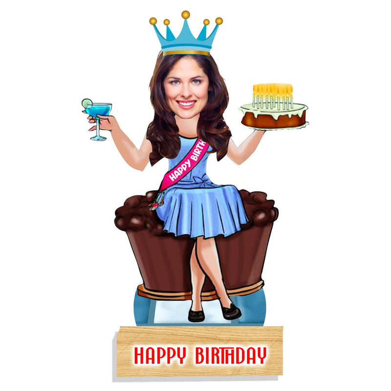 Customized " Birthday Girl " caricature cutout with wooden stand - HEARTSLY