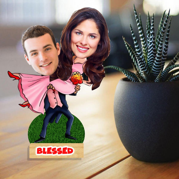 Customized " Blessed Couple " Caricature Cutout with Wooden Base - HEARTSLY