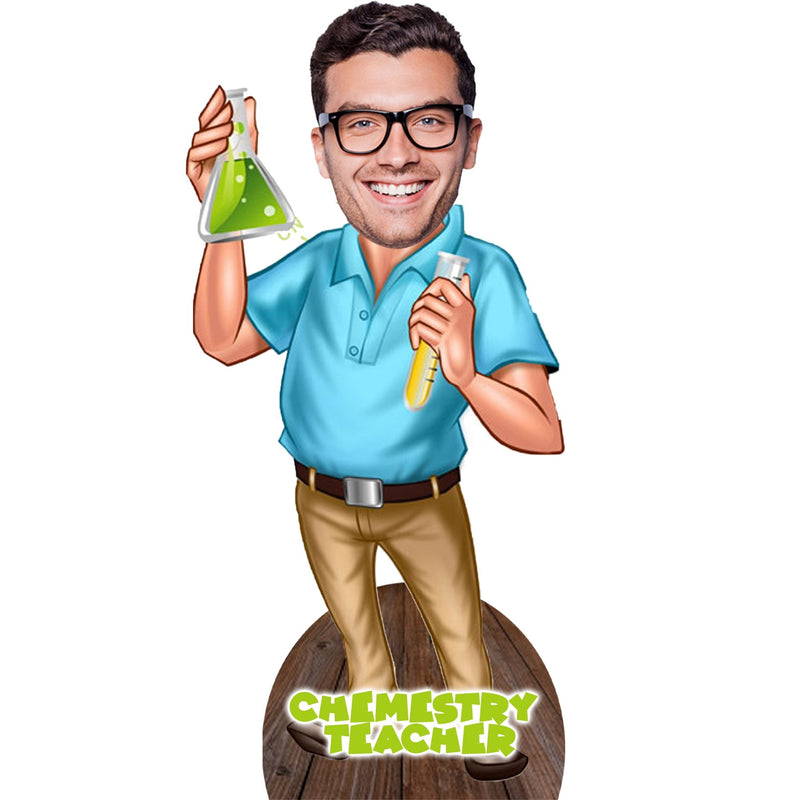 Customized "CHEMISTRY TEACHER " Caricature Cutout with Wooden Base - HEARTSLY