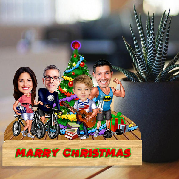 Customized " Christmas Group caricature " Cutout with Wooden Base - HEARTSLY