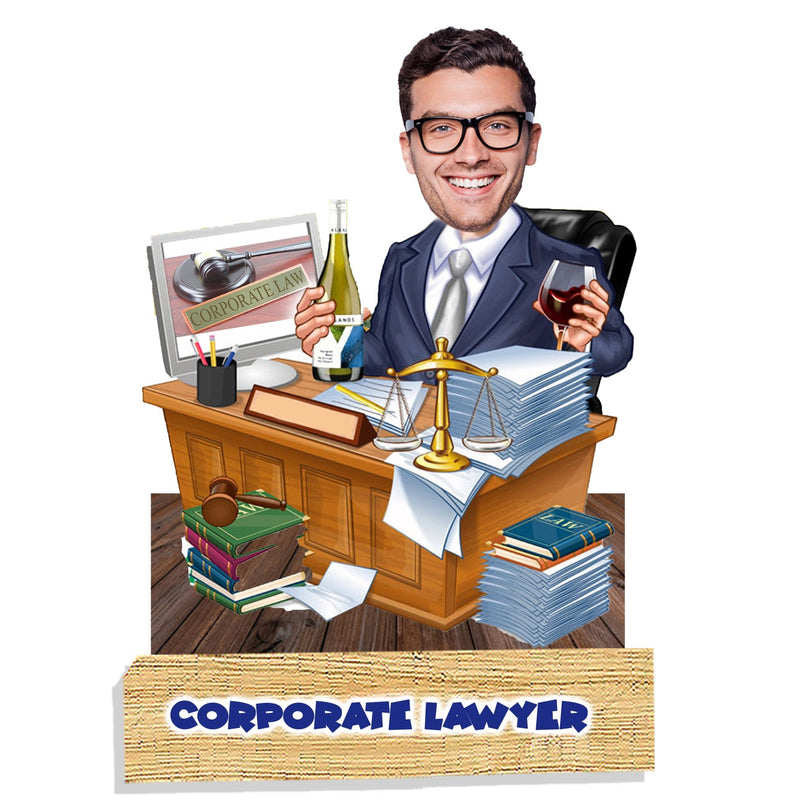 Customized "Corporate LAWYER" Caricature Cutout with Wooden Base - HEARTSLY
