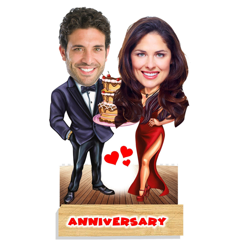 Customized "Couple Anniversary" Caricature cutout with Wooden Base - HEARTSLY