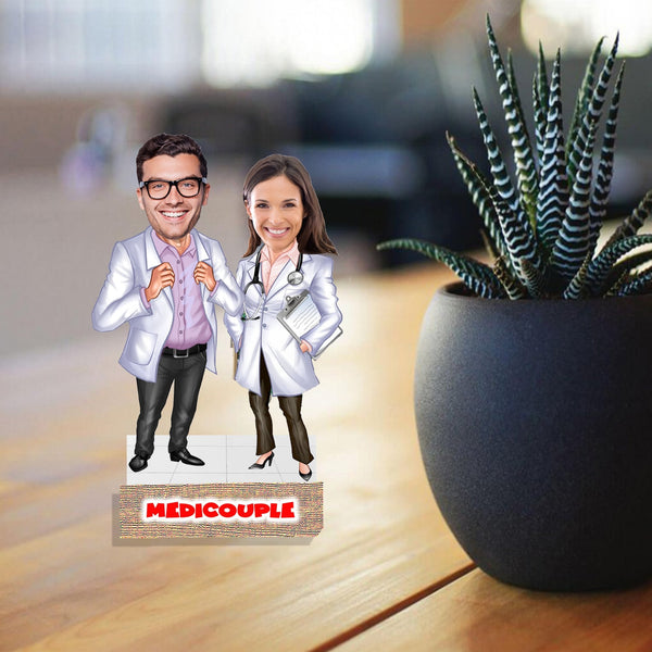 Customized "Couple Doctor " Caricature Cutout with Wooden Base - HEARTSLY