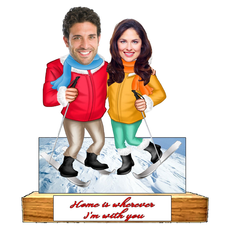 Customized "COUPLE IN WINTER" Caricature Cutout with Wooden Base - HEARTSLY
