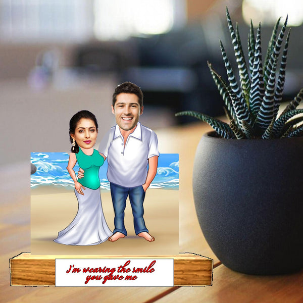 Customized "COUPLE ON BEACH" Caricature Cutout with Wooden Base - HEARTSLY