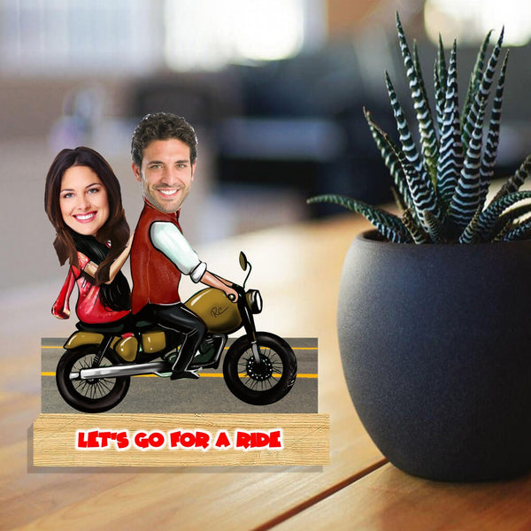 Customized " Couple on Bike" Caricature Cutout with Wooden Base - HEARTSLY
