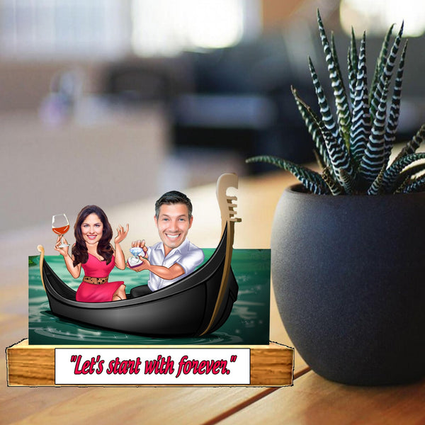 Customized " COUPLE ON BOAT " Caricature Cutout with Wooden Base - HEARTSLY